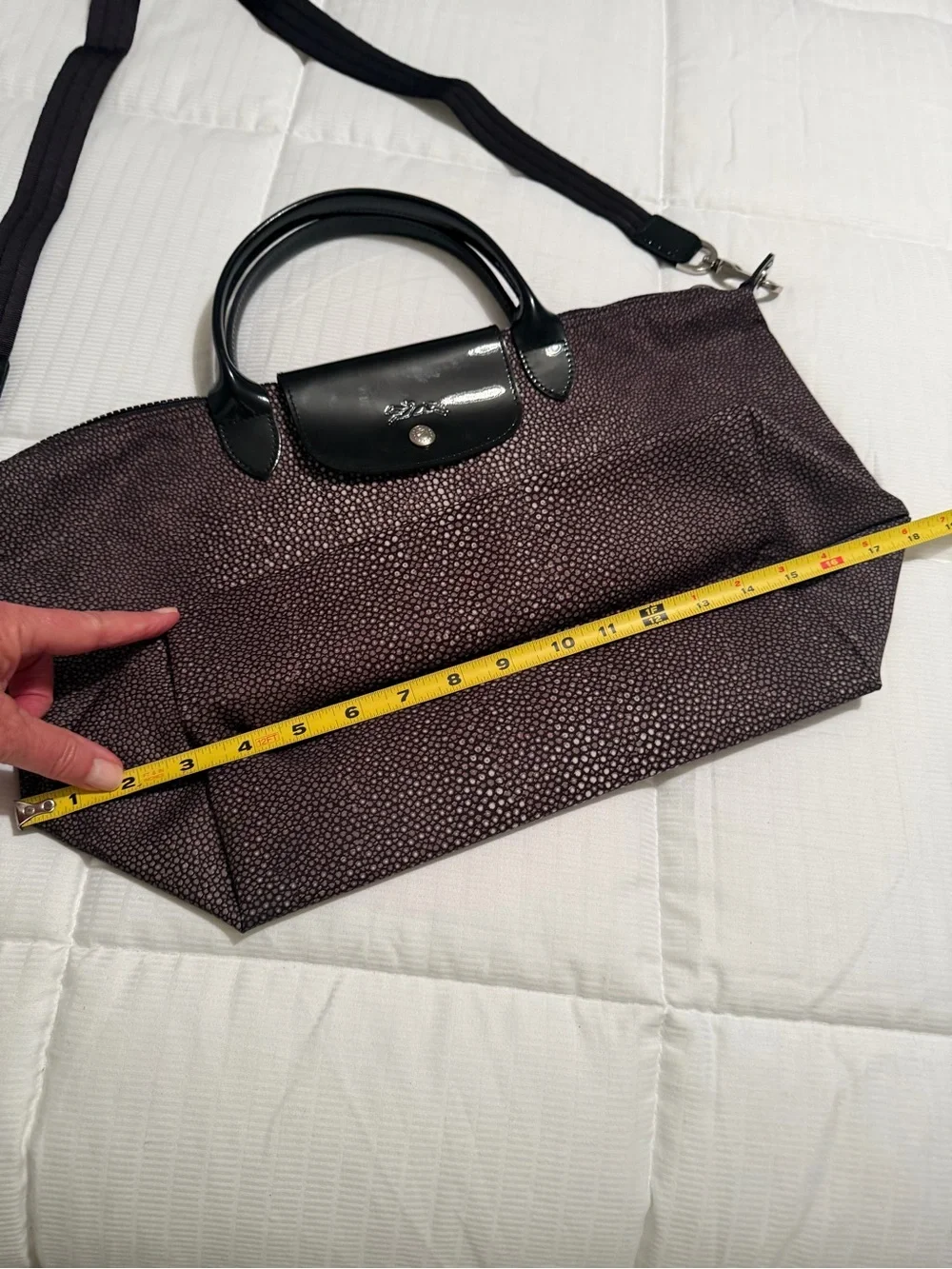 Longchamp Black & White Pebble Print Tote with Black Patent Leather Accents NWT